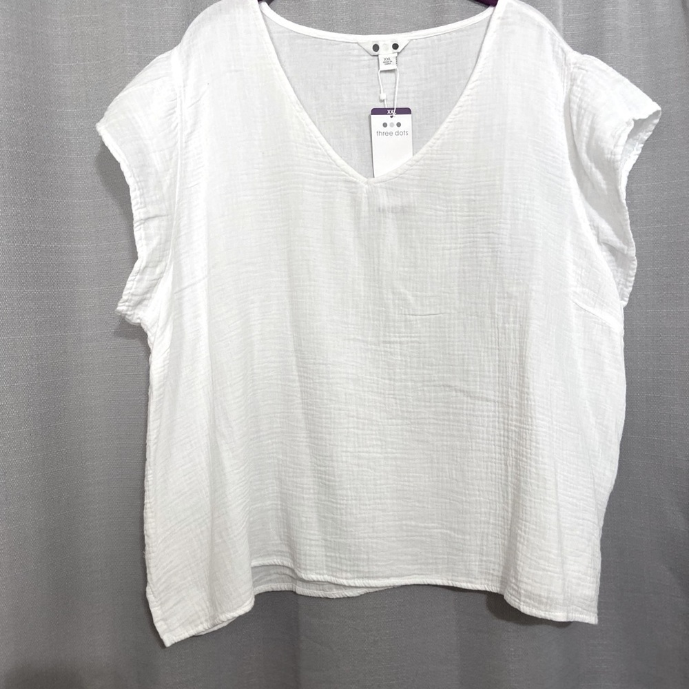 Three Dots White Ruffle Sleeve Blouse:Short Sleeve!!!